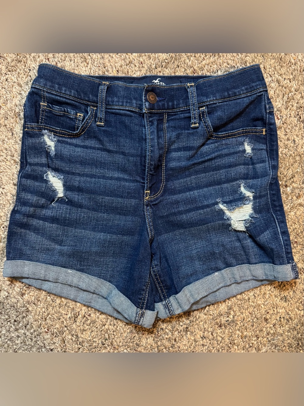 Hollister Dark Blue High-Rise Distressed Rolled Hem Jean Shorts